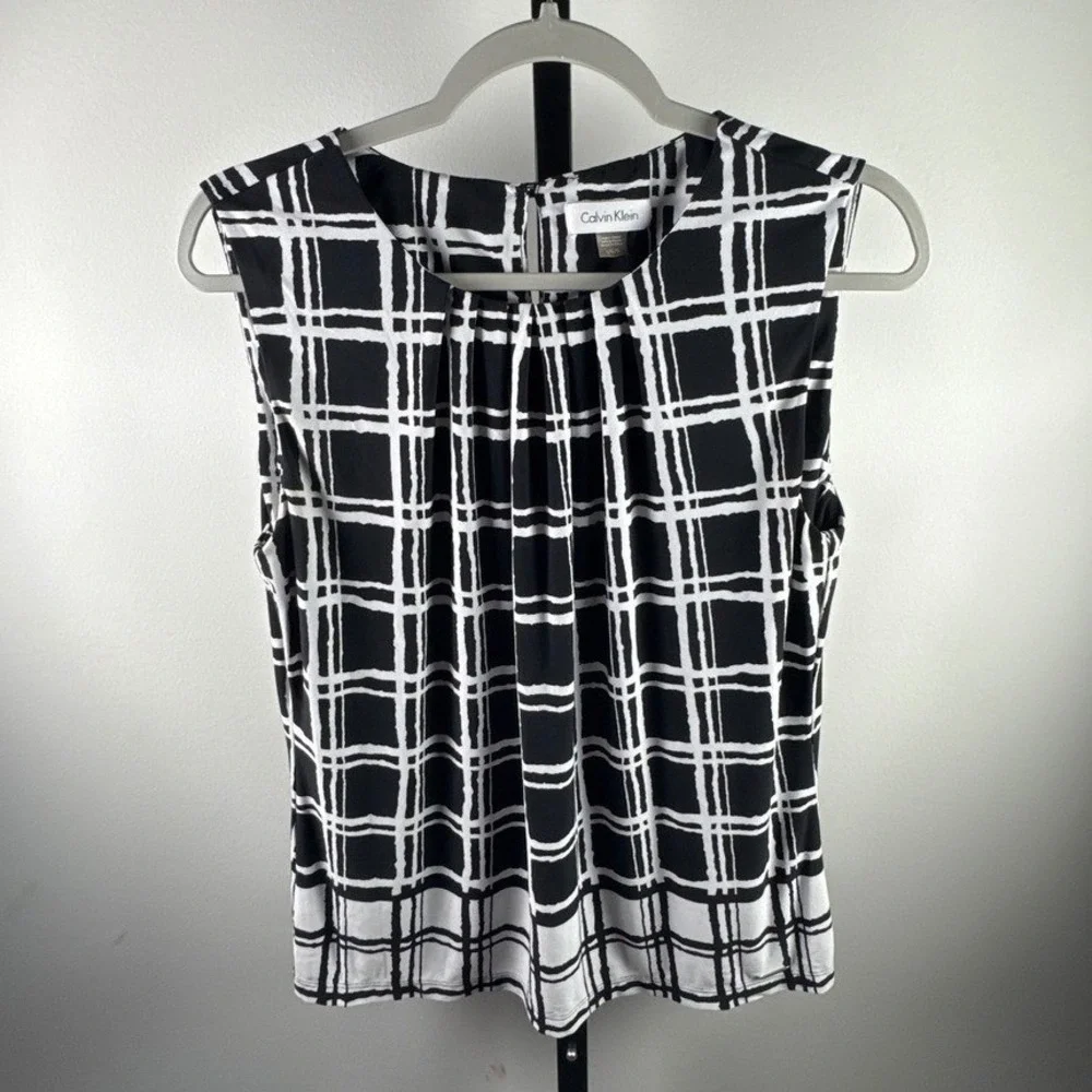 Calvin Klein Sleeveless Top Women L Black White Excellent Pleated Shell Blouse - Picture 1 of 7
